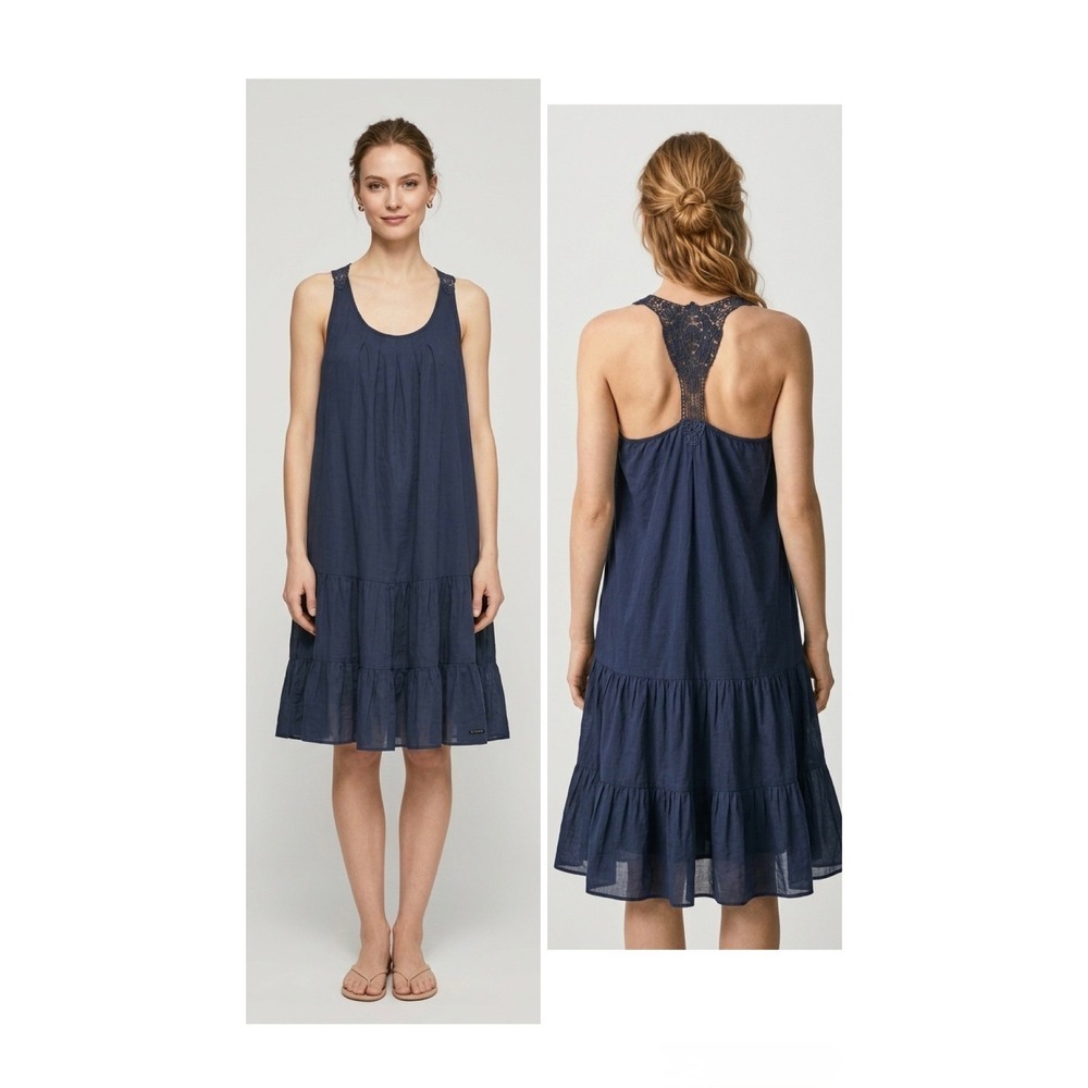 Sisley Womens Navy Blue Cotton Tiered Lace Racerback Mini Sun Dress Size M